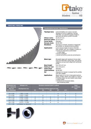 Tipologia lama 	 Lama bimetallica con corpo in acciaio 	
	 temprato al cromo e tagliente in acciaio 	
	 HSS M42, con speciale spoglia di taglio e 	
	 geometria del dente a profilo rinforzato
Altezza nastro 	 da 20 a 67 mm.
Denti per pollice 	da 2/3 a 8/11
Forma dente 	 Standard
Durezza dente 	 68-69 HRC
Stradatura 	 Standard (a richiesta, stradatura maggiorata 	
	 per profilati con elevata tensione propria)
Applicazioni 	 Lama idonea al taglio di sezioni interrotte
	 (tubi, profilati, travi, ecc.) singole o a pacco in:
	 • 	acciai da costruzione, acciai basso
			e medio legati
	 • 	acciai al carbonio
	 • 	acciai da bonifica, acciai da cementazione
Blade type	 Bimetallic blade with hardened chrome steel 	
	 body and HSS M42 cutting edge, with special 	
	 clearance cut and tooth shape with reinforced 	
	profile
Band height	 from 20 to 67 mm.
Teeth per inch	 from 2/3 to 8/11
Tooth shape	Standard
Tooth hardness	 68-69 HRC
Set	 Standard (on request, increased set for profiles 	
	 with high voltage)
Applications	 Blade useful to cut full or interrupted sections 	
	 (pipes, profiles, beams, etc) single or in pack of:
	 •	building steels, low and medium-alloy steels
	 •	carbon steels
	 •	hardened and tempered steels,
		 case-hardening steels
FORCE M42 | FORCE M42
Caratteristiche tecniche | Specifications
	Dimensioni mm. 	 Sviluppo mm. 			 Dentatura standard (denti x pollice) 			 Pezzi
	(alt. x spessore) 													 per confezione
	 Size mm.	 Development mm.			 Standard toothing (teeth per inch)			 Pack
	 (H x thickness)			 2/3 			 3/4 		 4/6 		 5/7 	 8/11
	 20 x 0,90 	 1.900 ÷ 3.180 	 	 	 	 • 	 • 	 5
	 27 x 0,90 	 2.450 ÷ 3.660 	 	 • 	 	 • 	 • 	 5
	 34 x 1,10 	 3.505 ÷ 5.300 	 • 	 • 	 • 	 • 	 • 	 1
	 41 x 1,30 	 4.100 ÷ 6.400 	 • 	 • 	 • 	 • 	 • 	 1
	 54 x 1,30 	 5.290 ÷ 8.686 	 • 	 • 	 • 	 • 	 	 1
	 54 x 1,60 	   6.270 ÷ 11.000 	 • 	 • 	 • 	 •	 	 1
	 67 x 1,60	 a richiesta | on demand	 • 	 •	 	 	 	 1
catalogolame02
bladescatalogue02
 