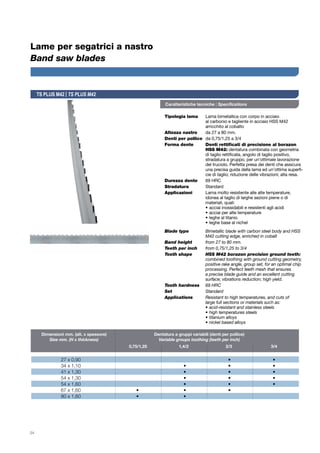 24
Tipologia lama	 Lama bimetallica con corpo in acciaio 	
	 al carbonio e tagliente in acciaio HSS M42 	
	 arricchito al cobalto
Altezza nastro	 da 27 a 80 mm.
Denti per pollice 	da 0,75/1,25 a 3/4
Forma dente	 Denti rettificati di precisione al borazon 	
	 HSS M42: dentatura combinata con geometria
	 di taglio rettificata, angolo di taglio positivo, 	
	 stradatura a gruppo, per un’ottimale lavorazione
	 del truciolo. Perfetta presa dei denti che assicura
	 una precisa guida della lama ed un’ottima superfi-	
	 cie di taglio; riduzione delle vibrazioni; alta resa.
Durezza dente	 69 HRC
Stradatura	 Standard
Applicazioni	 Lama molto resistente alle alte temperature,	
	 idonea al taglio di larghe sezioni piene o di 	
	 materiali, quali:
	 •	acciai inossidabili e resistenti agli acidi
	 •	acciai per alte temperature
	 •	leghe al titanio
	 •	leghe base al nichel
Blade type	 Bimetallic blade with carbon steel body and HSS 	
	 M42 cutting edge, enriched in cobalt
Band height	 from 27 to 80 mm.
Teeth per inch	 from 0,75/1,25 to 3/4
Tooth shape	 HSS M42 borazon precision ground teeth: 	
	 combined toothing with ground cutting geometry, 	
	 positive rake angle, group set, for an optimal chip 	
	 processing. Perfect teeth mesh that ensures 	
	 a precise blade guide and an excellent cutting 	
	 surface; vibrations reduction; high yield.
Tooth hardness	 69 HRC
Set	 Standard
Applications	 Resistant to high temperatures, and cuts of 	
	 large full sections or materials such as:
	 •	acid-resistant and stainless steels
	 •	high temperatures steels
	 •	titanium alloys
	 •	nickel based alloys
TS PLUS M42 | TS PLUS M42
Caratteristiche tecniche | Specifications
	 Dimensioni mm. (alt. x spessore) 	 	Dentatura a gruppi variabili (denti per pollice)
	 Size mm. (H x thickness)		 Variable groups toothing (teeth per inch)	
	 		 0,75/1,25	 1,4/2		 2/3 	 3/4	
	 27 x 0,90	 	 	 •	 •	
	 34 x 1,10	 	 •	 •	 •
	 41 x 1,30	 	 •	 •	 •	
	 54 x 1,30	 	 •	 •	 •	
	 54 x 1,60	 	 •	 •	 •	
	 67 x 1,60	 •	 •	 •
	 80 x 1,60	 •	 •
Lame per segatrici a nastro
Band saw blades
 