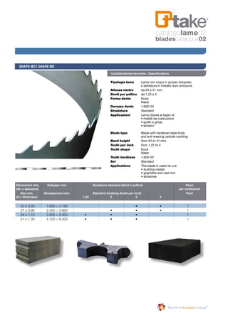 Tipologia lama 	 Lama con corpo in acciaio temprato
	 e dentatura in metallo duro antiusura
Altezza nastro 	 da 20 a 41 mm.
Denti per pollice 	 da 1,25 a 4
Forma dente 	 Hook
	Raker
Durezza dente 	 1.600 HV
Stradatura 	 Standard
Applicazioni 	 Lama idonea al taglio di:
	 • metalli da costruzione
	 • grafiti e ghise
	 • abrasivi
Blade type	 Blade with hardened steel body 	
	 and anti-wearing carbide toothing
Band height	 from 20 to 41 mm.
Teeth per inch	 from 1,25 to 4
Tooth shape	Hook
	Raker
Tooth hardness	 1.600 HV
Set	Standard
Applications	 This blade is useful to cut:
	 •	building metals
	 •	graphites and cast iron
	 •	abrasives
SHAPE MD | SHAPE MD
Caratteristiche tecniche | Specifications
	Dimensioni mm. 	 Sviluppo mm. 		 Dentatura standard (denti x pollice) 		 Pezzi
	(alt. x spessore) 							 per confezione
	 Size mm.	 Development mm.		 Standard toothing (teeth per inch)		 Pack
	(H x thickness)		 1,25 		 2 	 3 	 4 	
	 20 x 0,80 	 1.900 ÷ 3.180 	 	 	 •	 • 	 1
	 27 x 0,90 	 2.450 ÷ 3.660 	 	 • 	 • 	 • 	 1
	 34 x 1,10 	 3.505 ÷ 5.300 	 • 	 • 	 • 	 	 1
	 41 x 1,30 	 4.100 ÷ 6.400 	 • 	 • 	 • 	 	 1
catalogolame02
bladescatalogue02
 
