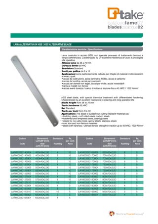 Codice	 Dimensioni	Dentatura	 Pz.
		 LxHxSP (mm) 		 per conf.
	 Code	 Size 	 Toothing	 Pack	
		 LxHxTH (mm)		
	
	 Codice	 Dimensioni	Dentatura	 Pz.
		 LxHxSP (mm) 		 per conf.
	 Code	 Size 	 Toothing	 Pack	
		 LxHxTH (mm)		
	
LA1600030140004 	 400x38x2,00 	 4 	 10
LA1600030140006 	 400x38x2,00 	 6 	 10
LA1600030145004 	 450x40x2,00 	 4 	 10
LA1600030145006 	 450x40x2,00 	 6 	 10
LA1600030150004 	 500x40x2,00 	 4 	 10
LA1600030150006	 500x40x2,00	 6 	 10
LA1600030155004 	 550x50x2,50 	 4 	 10
LA1600030155006 	 550x50x2,50 	 6 	 10
LA1600030157504 	 575x50x2,50 	 4 	 10
LA1600030157506 	 575x50x2,50	 6 	 10
LA1600030157510 	 575x50x2,50 	 10 	 10
LA1600030160004 	 600x50x2,50 	 4 	 5
LA1600030160006 	 600x50x2,50 	 6 	 5
LA1600030160010 	 600x50x2,50 	 10 	 5
LA1600030165003 	 650x50x2,50 	 3 	 5
LA1600030165004 	 650x50x2,50 	 4 	 5
LA1600030165006 	 650x50x2,50 	 6 	 5
LA1600030170003 	 700x50x2,50 	 3 	 5
LA1600030170004 	 700x50x2,50 	 4 	 5
LA1600030170006 	 700x50x2,50 	 6 	 5
LA1600030175003	 750x60x3,00 	 3 	 5
LA1600030175004 	 750x60x3,00 	 4 	 5
LA1600030175006 	 750x60x3,00 	 6 	 5
LA1600030180002 	 800x70x3,00 	 2 	 5
LA1600030180003 	 800x70x3,00 	 3 	 5
LA1600030180004 	 800x70x3,00 	 4 	 5
LA1600030190003 	 900x70x3,00 	 3 	 5
LA1600030190004 	 900x70x3,00 	 4 	 5
LA1600030190006 	 900x70x3,00	 6 	 5
LA1600030195003	 950x70x3,00 	 3 	 5
LA1600030195004 	 950x70x3,00 	 4	 5
LAMAALTERNATIVA IN HSS | HSS ALTERNATIVE BLADE
Lama costruita in acciaio HSS, con speciale processo di trattamento termico a
tempra differenziata. Caratterizzata da un’eccellente resistenza all’usura e prolungata
vita operativa.
Altezza lama da 38 a 70 mm
Durezza dente 65 HRC
Stradatura Standard
Denti per pollice da 2 a 10
Applicazioni Lama particolarmente indicata per il taglio di materiali molto resistenti
e tenaci, quali:
• acciai da costruzione, acciai laminati a freddo, acciai al carbonio
• acciai da bonifica, acciai per cuscinetti
• acciai per utensili non legati, acciai per molle, acciai inossidabili
• ghise e metalli non ferrosi
• acciai aventi durezza / carico di rottura a trazione fino a 45 HRC / 1200 N/mm2
Caratteristiche tecniche | Specifications
HSS steel blade, with special thermical treatment with differentiated hardening.
Characterized by an excellent resistance to wearing and long operative life.
Blade height from 38 to 70 mm
Tooth hardness 65 HRC
Set Standard
Teeth per inch from 2 to 10
Applications This blade is suitable for cutting resistant materials as:
• building steels, cold rolled steels, carbon steels
• hardened and tempered steels, bearing steels
• steels for non-alloy tools, spring steels, stainless steels
• cast iron and non-ferrous materials
• steels with hardness / ultimate tensile strength in traction up to 45 HRC / 1200 N/mm2
catalogolame02
bladescatalogue02
 