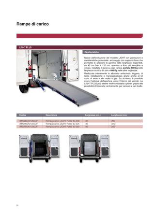 Rampe di carico
Caratteristiche
28
LIGHT PLUS
Nasce dall’evoluzione del modello LIGHT con prestazioni e
caratteristiche potenziate: ancoraggio con supporto fisso che
permette di ampliare la gamma delle larghezze disponibili,
da 40 cm fino a 120 cm; apertura a libro più semplice e
veloce, installata di serie su ogni rampa; portata 600 kg nelle
larghezze da 40 a 95 cm e 400 Kg nelle altre larghezze.
Realizzata interamente in alluminio antiscivolo, leggera, di
facile installazione e maneggevolezza grazie anche al kit
ruota di serie e alla molla a gas. Su richiesta, è possibile
avere l’optional dell’apertura verso l’interno del veicolo. La
LIGHT PLUS può essere inoltre utilizzata a ponte, grazie alla
possibilità di bloccarla centralmente, per caricare a pari livello.
IM10000401200LP	 Rampa carico LIGHT PLUS 80-200	 80	 200
IM10000401225LP	 Rampa carico LIGHT PLUS 80-225	 80	 225
IM10000401250LP	 Rampa carico LIGHT PLUS 80-250	 80	 250
Codice	 Descrizione	 Larghezza (cm.) 	 Lunghezza (cm.)	
 