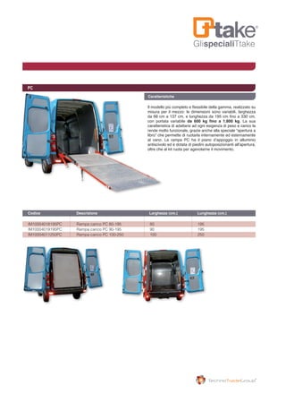 GlispecialiTtake
Caratteristiche
PC
Il modello più completo e flessibile della gamma, realizzato su
misura per il mezzo: le dimensioni sono variabili, larghezza
da 66 cm a 137 cm, e lunghezza da 195 cm fino a 330 cm,
con portata variabile da 600 kg fino a 1.800 kg. La sua
caratteristica di adattarsi ad ogni esigenza di peso e carico la
rende molto funzionale, grazie anche alla speciale “apertura a
libro” che permette di ruotarla internamente ed esternamente
al vano. La rampa PC ha il piano d’appoggio in alluminio
antiscivolo ed è dotata di piedini autoposizionanti all’apertura,
oltre che al kit ruota per agevolarne il movimento.
IM10004018195PC	 Rampa carico PC 80-195	 80	 195
IM10004019195PC	 Rampa carico PC 90-195	 90	 195
IM10004011250PC	 Rampa carico PC 100-250	 100	 250
Codice	 Descrizione	 Larghezza (cm.) 	 Lunghezza (cm.)	
 