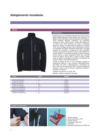 Abbigliamento riscaldante
Caratteristiche
32
GIACCA
Morbida giacca nera riscaldata composta da 3 strati di tessuto
legato resistente all’acqua. Strato esterno: 93% poliestere, 7%
elastan. Strato intermedio: granuli di poliuretano termoplastico
(TPU) resistente all’acqua, traspirante, con membrana
resistente al vento. Strato interno: morbido Microfleece per
un calore extra. Parte posteriore più lunga e sagomata,
apertura a cerniera e ventole sotto le braccia per il ricambio
d’aria, rete di sostegno, polsino interno elasticizzato e guanto
con passaggio del pollice. Altamente elasticizzata, con taglio
conforme ai movimenti e resistenza ad ogni condizione
climatica, questa giacca mantiene il vento e l’aria all’esterno e
il caldo all’interno. L’innovativa tecnologia di calore infrarosso
Kernok rilascia un tepore terapeutico tramite due cuscinetti
termici sul petto e uno sul retro. Il calore è simile a quello
usato dai medici in fisioterapia: favorisce la circolazione del
sangue e allevia i dolori delle articolazioni.
Tramite la batteria al litio di 7.4V è possibile scegliere la
temperatura preferita in ogni momento indipendentemente
dal freddo, dal vento o dall’idratazione e mantenerlo per
oltre 7 ore con una sola ricarica. Non c’è nessun pericolo né
radiazioni, rischio di shock elettrico o esplosione. Batteria e
caricatore in dotazione.
Certificati di sicurezza: CE, SGS, ISO.
Modello a scelta tra maschile e femminile.
AT00010010000GM	 M	 UOMO
AT00010010000GL	 L	 UOMO
AT0001001000GXL	 XL	 UOMO
AT000100100GXXL	 XXL	 UOMO
AT0001001000GSDS	 S	 DONNA
AT0001001000GSDM	 M	 DONNA
AT0001001000GSDL	 L	 DONNA
AT0001001000GSDXL	 XL	 DONNA
Codice	 Taglia	 Modello 	
Dettagli e Composizione
1. Tessuto esterno
2. Strato intermedio in TPU
3. Tessuto interno
4. Traspirante 1000 g/m2
5. Anti-vento
6. Resistente all’acqua fino a 5000 mm
 