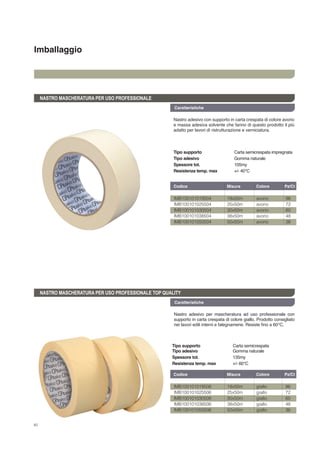 Imballaggio
40
NASTRO MASCHERATURA PER USO PROFESSIONALE
Nastro adesivo con supporto in carta crespata di colore avorio
e massa adesiva solvente che fanno di questo prodotto il più
adatto per lavori di ristrutturazione e verniciatura.
Codice	 Misura	 Colore Pz/Ct
Caratteristiche
Tipo supporto 	 Carta semicrespata impregnata
Tipo adesivo	 Gomma naturale
Spessore tot.	 105my
Resistenza temp. max	 +/- 40°C
IMB100101019504	 19x50m	 avorio 96
IMB100101025504	 25x50m	 avorio 72
IMB100101030504	 30x50m	 avorio 60
IMB100101038504	 38x50m	 avorio 48
IMB100101050504	 50x50m	 avorio 36
NASTRO MASCHERATURA PER USO PROFESSIONALE TOP QUALITY
Nastro adesivo per mascheratura ad uso professionale con
supporto in carta crespata di colore giallo. Prodotto consigliato
nei lavori edili interni e falegnamerie. Resiste fino a 60°C.
Tipo supporto 	 Carta semicrespata
Tipo adesivo	 Gomma naturale
Spessore tot. 	 135my
Resistenza temp. max	 +/- 60°C
Caratteristiche
Codice	 Misura	 Colore Pz/Ct
IMB100101019506	 19x50m	 giallo 96
IMB100101025506	 25x50m	 giallo 72
IMB100101030506	 30x50m	 giallo 60
IMB100101038506	 38x50m	 giallo 48
IMB100101050506	 50x50m	 giallo 36
 