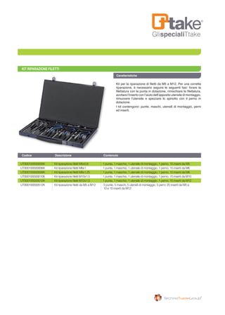 GlispecialiTtake
KIT RIPARAZIONE FILETTI
Kit per la riparazione di filetti da M5 a M12. Per una corretta
riparazione, è necessario seguire le seguenti fasi: forare la
filettatura con la punta in dotazione, rimischiare la filettatura,
avvitare l’inserto con l’aiuto dell’apposito utensile di montaggio,
rimuovere l’utensile e spezzare lo spinotto con il perno in
dotazione.
I kit contengono: punte, maschi, utensili di montaggio, perni
ed inserti.
Caratteristiche
UT000100500005K	 Kit riparazione filetti M5x0,8	 1 punta, 1 maschio, 1 utensile di montaggio, 1 perno, 15 inserti da M5
UT000100500006K	 Kit riparazione filetti M6x1	 1 punta, 1 maschio, 1 utensile di montaggio, 1 perno, 15 inserti da M6
UT000100500008K	 Kit riparazione filetti M8x1,25	 1 punta, 1 maschio, 1 utensile di montaggio, 1 perno, 15 inserti da M8
UT000100500010K	 Kit riparazione filetti M10x1,5	 1 punta, 1 maschio, 1 utensile di montaggio, 1 perno, 15 inserti da M10
UT000100500012K	 Kit riparazione filetti M12x1,5	 1 punta, 1 maschio, 1 utensile di montaggio, 1 perno, 15 inserti da M12
UT000100500512K	 Kit riparazione filetti da M5 a M12	 5 punte, 5 maschi, 5 utensili di montaggio, 5 perni, 25 inserti da M5 a 		
		 10 e 10 inserti da M12
Codice	 Descrizione	 Contenuto
 