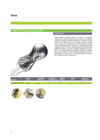 Varie
FRESE ROTATIVE A RAGGIO IN METALLO DURO
Fresa rotativa a doppio taglio in carburo di tungsteno
sinterizzato, di elevata qualità e durata, consente un notevole
risparmio di tempo derivante dall’utilizzo di un unico utensile,
anziché due. Adatta per creare un raggio definito su angoli
stretti, il raggio in testa alla fresa aiuta a controllare con facilità
l’utensile per prevenire danni sul pezzo. La geometria speciale
a taglienti invertiti e il punto d’intersezione tra le due forme dei
taglienti permettono un’azione di taglio omogenea su tutte le
facce e un rapido taglio del materiale. Prodotta nel rispetto
dei controlli qualitativi, con la completa ispezione dei punti di
saldobrasatura. Indicata per una grande varietà di materiali,
tra cui titanio, bronzo e acciaio inox.
AB890012030006R	 12,8	 25	 16	 20°	 6	 70
	 Ø testa	 Lunghezza	 Lunghezza	 Angolo	 Gambo	 Lunghezza
Codice	 (mm.)	 testa (mm.)	 di taglio (mm.)	 del cono	 (mm.)	 totale (mm.)
Caratteristiche
64
 