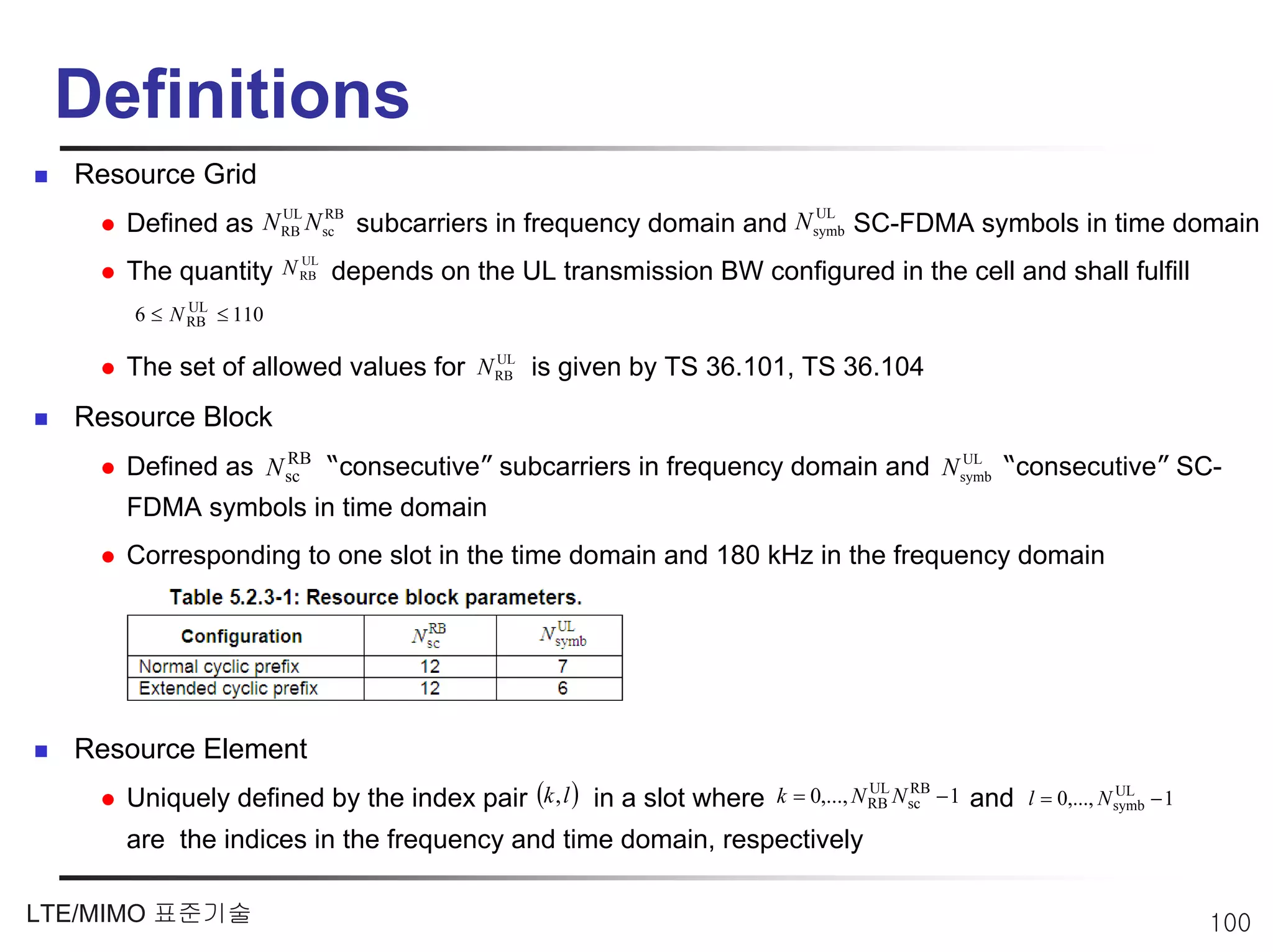 Definitions
  Resource Grid
                  UL   RB                                        UL
     Defined as N RB N sc subcarriers in frequency domain and N symb SC-FDMA symbols in time domain
                    UL
     The quantity N RB depends on the UL transmission BW configured in the cell and shall fulfill
      6 ≤ N RB ≤ 110
            UL


                                     UL
     The set of allowed values for N RB is given by TS 36.101, TS 36.104
  Resource Block
     Defined as N sc “consecutive” subcarriers in frequency domain and N symb “consecutive” SC-
                  RB                                                      UL


     FDMA symbols in time domain
     Corresponding to one slot in the time domain and 180 kHz in the frequency domain




  Resource Element
     Uniquely defined by the index pair (k, l ) in a slot where k = 0,..., N RB N sc − 1 and
                                                                             UL RB
                                                                                               l = 0,..., N symb − 1
                                                                                                            UL


     are the indices in the frequency and time domain, respectively

LTE/MIMO 표준기술                                                                                                          100
 