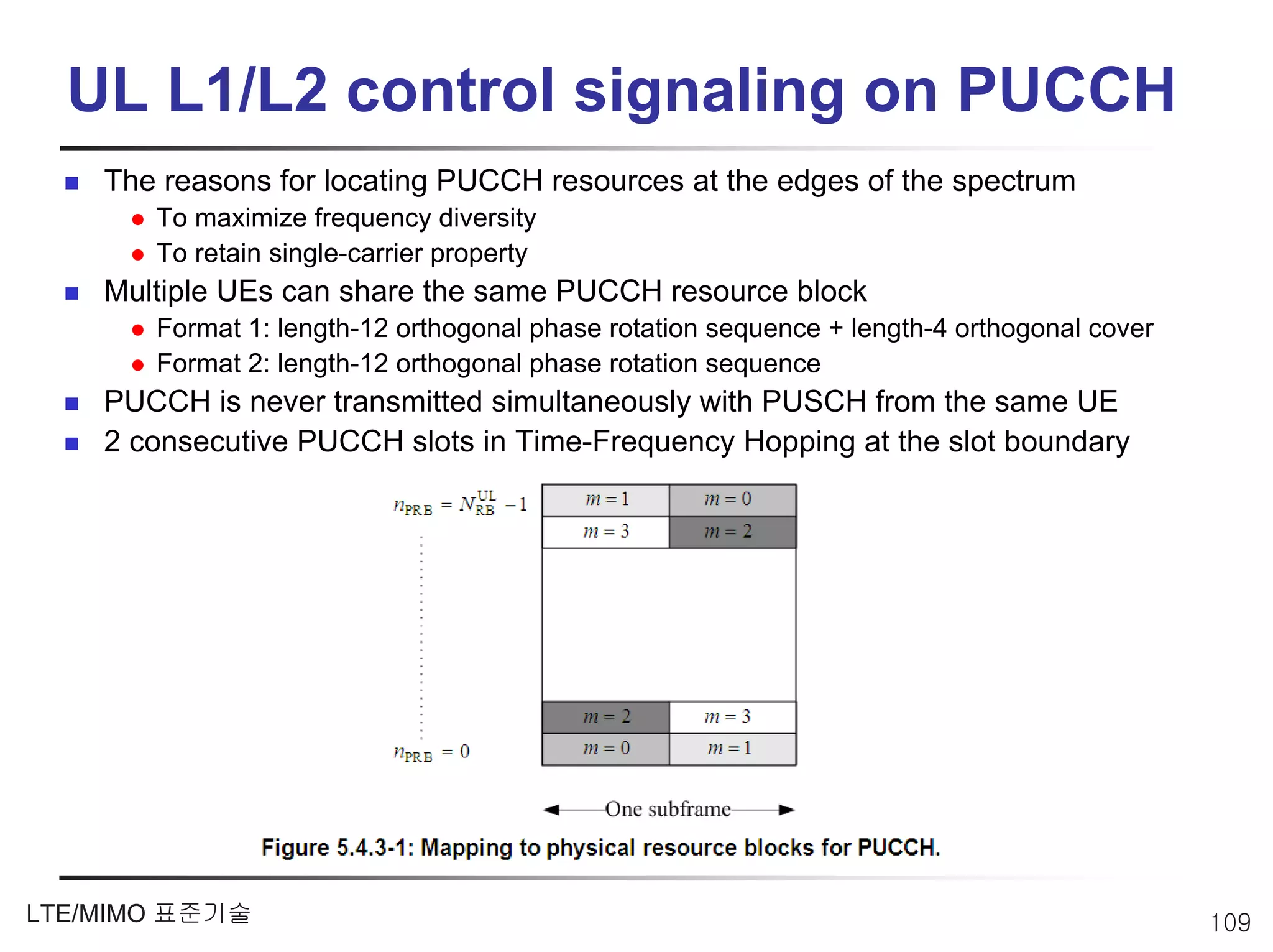 UL L1/L2 control signaling on PUCCH
    The reasons for locating PUCCH resources at the edges of the spectrum
       To maximize frequency diversity
       To retain single-carrier property
    Multiple UEs can share the same PUCCH resource block
       Format 1: length-12 orthogonal phase rotation sequence + length-4 orthogonal cover
       Format 2: length-12 orthogonal phase rotation sequence
    PUCCH is never transmitted simultaneously with PUSCH from the same UE
    2 consecutive PUCCH slots in Time-Frequency Hopping at the slot boundary




LTE/MIMO 표준기술                                                                               109
 