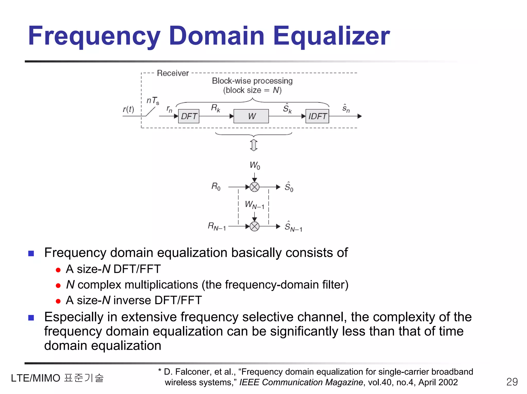 Frequency Domain Equalizer




    Frequency domain equalization basically consists of
       A size-N DFT/FFT
       N complex multiplications (the frequency-domain filter)
       A size-N inverse DFT/FFT
    Especially in extensive frequency selective channel, the complexity of the
    frequency domain equalization can be significantly less than that of time
    domain equalization
                        * D. Falconer, et al., “Frequency domain equalization for single-carrier broadband
LTE/MIMO 표준기술             wireless systems,” IEEE Communication Magazine, vol.40, no.4, April 2002           29
 