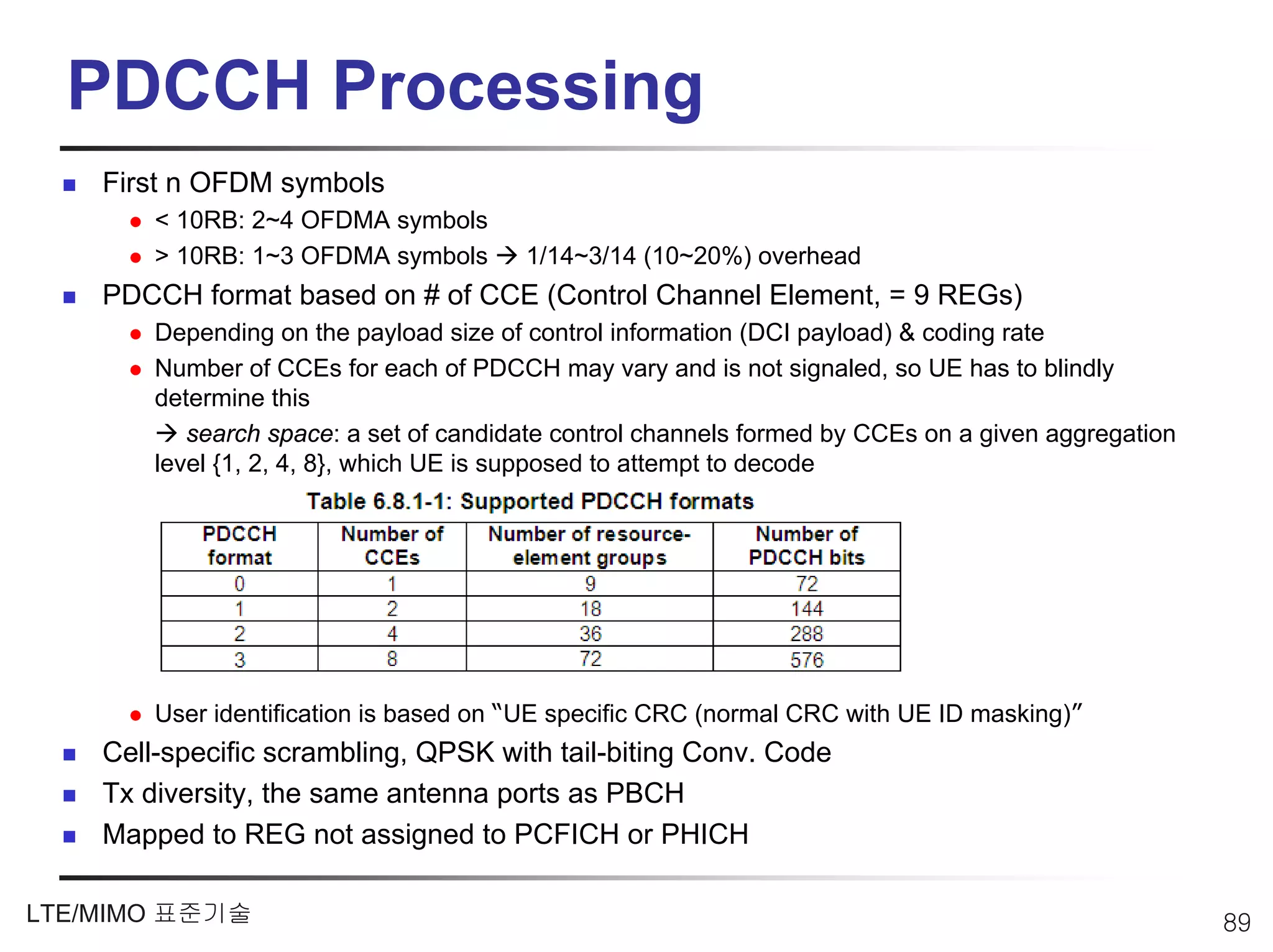 PDCCH Processing
    First n OFDM symbols
        < 10RB: 2~4 OFDMA symbols
        > 10RB: 1~3 OFDMA symbols       1/14~3/14 (10~20%) overhead
    PDCCH format based on # of CCE (Control Channel Element, = 9 REGs)
        Depending on the payload size of control information (DCI payload) & coding rate
        Number of CCEs for each of PDCCH may vary and is not signaled, so UE has to blindly
        determine this
           search space: a set of candidate control channels formed by CCEs on a given aggregation
        level {1, 2, 4, 8}, which UE is supposed to attempt to decode




        User identification is based on “UE specific CRC (normal CRC with UE ID masking)”
    Cell-specific scrambling, QPSK with tail-biting Conv. Code
    Tx diversity, the same antenna ports as PBCH
    Mapped to REG not assigned to PCFICH or PHICH

LTE/MIMO 표준기술                                                                                        89
 