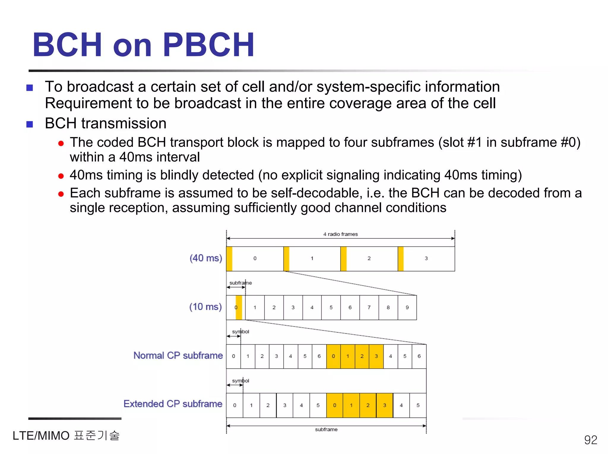 BCH on PBCH
   To broadcast a certain set of cell and/or system-specific information
   Requirement to be broadcast in the entire coverage area of the cell
   BCH transmission
      The coded BCH transport block is mapped to four subframes (slot #1 in subframe #0)
      within a 40ms interval
      40ms timing is blindly detected (no explicit signaling indicating 40ms timing)
      Each subframe is assumed to be self-decodable, i.e. the BCH can be decoded from a
      single reception, assuming sufficiently good channel conditions




LTE/MIMO 표준기술                                                                              92
 