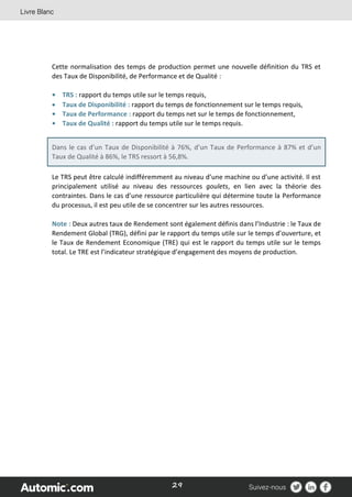 29
Cette normalisation des temps de production permet une nouvelle définition du TRS et
des Taux de Disponibilité, de Performance et de Qualité :
• TRS : rapport du temps utile sur le temps requis,
 Taux de Disponibilité : rapport du temps de fonctionnement sur le temps requis,
• Taux de Performance : rapport du temps net sur le temps de fonctionnement,
• Taux de Qualité : rapport du temps utile sur le temps requis.
Dans le cas d’un Taux de Disponibilité à 76%, d’un Taux de Performance à 87% et d’un
Taux de Qualité à 86%, le TRS ressort à 56,8%.
Le TRS peut être calculé indifféremment au niveau d’une machine ou d’une activité. Il est
principalement utilisé au niveau des ressources goulets, en lien avec la théorie des
contraintes. Dans le cas d’une ressource particulière qui détermine toute la Performance
du processus, il est peu utile de se concentrer sur les autres ressources.
Note : Deux autres taux de Rendement sont également définis dans l’Industrie : le Taux de
Rendement Global (TRG), défini par le rapport du temps utile sur le temps d’ouverture, et
le Taux de Rendement Economique (TRE) qui est le rapport du temps utile sur le temps
total. Le TRE est l’indicateur stratégique d’engagement des moyens de production.
 