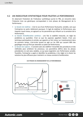 30
4.2 UN INDICATEUR SYNTHETIQUE POUR PILOTER LA PERFORMANCE
En observant l’évolution de l’indicateur synthétique qu’est le TRS, on rencontre dans
l’Industrie trois cas génériques correspondant à trois phases de Management de la
Performance :
• Le besoin de maîtrise : c’est le cas d’une Performance fluctuante, variable, sans que
l’entreprise ne sache réellement pourquoi. Il s’agit de stabiliser la Performance, peu
importe à quel niveau, en agissant sur les paramètres qui influent sur la variation de la
Performance,
• Le besoin d’amélioration continue : une fois la stabilité instaurée, on règle les
problèmes au quotidien. C’est ce que les japonais appellent Kaizen. C’est une
technique participative et animée, qui apporte un fort retour sur investissement dans
les premiers temps, c'est-à-dire quand on agit sur les 20% qui causent 80% des
gaspillages mais qui finit par atteindre un palier de Performance,
• Le besoin de rupture : il convient alors de redéfinir l’ensemble des procédures et des
méthodes pour améliorer les processus. Les paramètres définis dans les phases
précédentes ne sont plus valables, ce qui peut engendrer une Performance variable.
Toutefois, l’entreprise a appris à identifier les problèmes, à les régler et à choisir les
solutions les plus efficaces pour maintenir un niveau constant d’amélioration.
LES PHASES DU MANAGEMENT DE LA PERFORMANCE
 