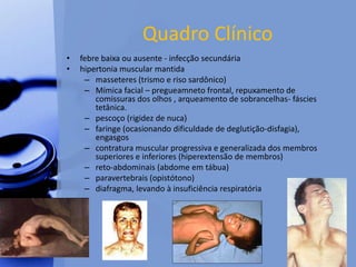 Quadro Clínico
• febre baixa ou ausente - infecção secundária
• hipertonia muscular mantida
– masseteres (trismo e riso sardônico)
– Mímica facial – pregueamneto frontal, repuxamento de
comissuras dos olhos , arqueamento de sobrancelhas- fáscies
tetânica.
– pescoço (rigidez de nuca)
– faringe (ocasionando dificuldade de deglutição-disfagia),
engasgos
– contratura muscular progressiva e generalizada dos membros
superiores e inferiores (hiperextensão de membros)
– reto-abdominais (abdome em tábua)
– paravertebrais (opistótono)
– diafragma, levando à insuficiência respiratória
 