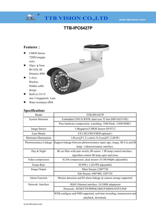 TTB-IPC6427P
Features：
 CMOS Sensor
720P(1megapi
xels)
 42pcs ￠5mm
IR LED, IR
Distance 40M
 3-Axis
Bracket,
Hidden cable
design
 Built-in 2.8-12
mm 3 megapixels Lens
 Water resistance:IP66
Specification:
Model TTB-IPC6427P
System Structure Embedded LINUX RTOS ,dual core 32 bits DSP (Hi3518E)
Pure hardware compression, watchdog, 16M Flash, 128M DDR3.
Image Sensor 1 Megapixel CMOS Sensor OV9712
Lens Mount CS ( M12/M14/M20 optional )
Minimum Illumination 1.0Lux@F1.2 ( color), 0.1Lux@F1.2 (B/W)
Photoresistance Linkage Support linkage between photoresistance input sign, image, IR-Cut and IR
lamp. 1 photoresistance interface.
Day & Night IR cut filter with auto switch, IR sensor. 1 IR lamp control interface ,
algorithm control IR lamp open and close
Video compression H.264 compression ,dual stream ( 0.1M-6Mpbs adjustable)
Frame Rate 20 FPS ( 1-20 FPS adjustable)
Image Output Main Stream:1280*720
Sub Stream: 640*480, 320*192
Alarm Function Motion detection and IO alarm linkage ip camera storage supported
Network Interface 1RJ45 Ethernet interface, 10/100M adaptation
Protocols : RTSP/FTP/PPPOE/DHCP/DDNS/NTP/UPnP
WEB configure and OSD supported, real time recording, transmission and
playback, download.
www.ttbvision.com
 