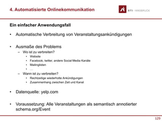 129
4. Automatisierte Onlinekommunikation
Ein einfacher Anwendungsfall
• Automatische Verbreitung von Veranstaltungsankündigungen
• Ausmaße des Problems
– Wo ist zu verbreiten?
• Website
• Facebook, twitter, andere Social Media Kanäle
• Mailinglisten
• …
– Wann ist zu verbreiten?
• Rechtzeitige wiederholte Ankündigungen
• Zusammenhang zwischen Zeit und Kanal
• Datenquelle: yelp.com
• Voraussetzung: Alle Veranstaltungen als semantisch annotierter
schema.org/Event
 