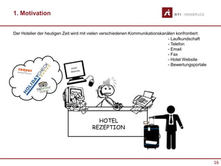 16
1. Motivation
HOTEL
REZEPTION
- Laufkundschaft
- Telefon
- Email
- Fax
- Hotel Website
- Bewertungsportale
Der Hotelier der heutigen Zeit wird mit vielen verschiedenen Kommunikationskanälen konfrontiert:
 