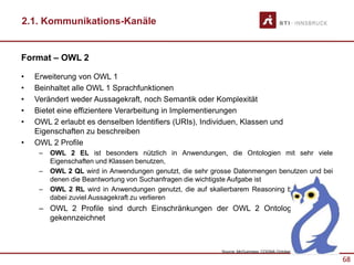 68
Format – OWL 2
• Erweiterung von OWL 1
• Beinhaltet alle OWL 1 Sprachfunktionen
• Verändert weder Aussagekraft, noch Semantik oder Komplexität
• Bietet eine effizientere Verarbeitung in Implementierungen
• OWL 2 erlaubt es denselben Identifiers (URIs), Individuen, Klassen und
Eigenschaften zu beschreiben
• OWL 2 Profile
– OWL 2 EL ist besonders nützlich in Anwendungen, die Ontologien mit sehr viele
Eigenschaften und Klassen benutzen,
– OWL 2 QL wird in Anwendungen genutzt, die sehr grosse Datenmengen benutzen und bei
denen die Beantwortung von Suchanfragen die wichtigste Aufgabe ist
– OWL 2 RL wird in Anwendungen genutzt, die auf skalierbarem Reasoning beruhen, ohne
dabei zuviel Aussagekraft zu verlieren
– OWL 2 Profile sind durch Einschränkungen der OWL 2 Ontologiestrukturen
gekennzeichnet
2.1. Kommunikations-Kanäle
Source: McGuinness, COGNA October 3, 2003
 