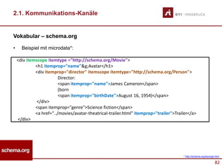 82
2.1. Kommunikations-Kanäle
Vokabular – schema.org
• Beispiel mit microdata*:
<div itemscope itemtype ="http://schema.org/Movie">
<h1 itemprop="name"&g;Avatar</h1>
<div itemprop="director" itemscope itemtype="http://schema.org/Person">
Director:
<span itemprop="name">James Cameron</span>
(born
<span itemprop="birthDate">August 16, 1954)</span>
</div>
<span itemprop="genre">Science fiction</span>
<a href="../movies/avatar-theatrical-trailer.html" itemprop="trailer">Trailer</a>
</div>
* http://schema.org/docs/gs.html
 