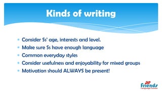 Kinds of writing

Consider Ss’ age, interests and level.
Make sure Ss have enough language
Common everyday styles
Consider usefulness and enjoyability for mixed groups
Motivation should ALWAYS be present!
 
