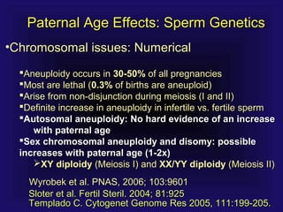 Paternal Age Effects: Sperm GeneticsPaternal Age Effects: Sperm Genetics
•Chromosomal issues: NumericalChromosomal issues: Numerical
Aneuploidy occurs inAneuploidy occurs in 30-50%30-50% of all pregnanciesof all pregnancies
Most are lethal (Most are lethal (0.3%0.3% of births are aneuploid)of births are aneuploid)
Arise from non-disjunction during meiosis (I and II)Arise from non-disjunction during meiosis (I and II)
Definite increase in aneuploidy in infertile vs. fertile spermDefinite increase in aneuploidy in infertile vs. fertile sperm
Autosomal aneuploidy: No hard evidence of an increaseAutosomal aneuploidy: No hard evidence of an increase
with paternal agewith paternal age
Sex chromosomal aneuploidy and disomy: possibleSex chromosomal aneuploidy and disomy: possible
increases with paternal age (1-2x)increases with paternal age (1-2x)
XY diploidyXY diploidy (Meiosis I) and(Meiosis I) and XX/YY diploidyXX/YY diploidy (Meiosis II)(Meiosis II)
Templado C. Cytogenet Genome Res 2005, 111:199-205.Templado C. Cytogenet Genome Res 2005, 111:199-205.
Sloter et al. Fertil Steril. 2004; 81:925Sloter et al. Fertil Steril. 2004; 81:925
Wyrobek et al. PNAS, 2006; 103:9601Wyrobek et al. PNAS, 2006; 103:9601
 