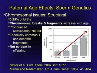 Paternal Age Effects: Sperm GeneticsPaternal Age Effects: Sperm Genetics
•Chromosomal issues: StructuralChromosomal issues: Structural
0.25%0.25% of birthsof births
Chromosomal breaks & fragmentsChromosomal breaks & fragments increase with ageincrease with age
PronouncedPronounced
relationshiprelationship: r=0.63: r=0.63
Especially chromos 1Especially chromos 1
and acentricand acentric
fragmentsfragments
Not evidentNot evident inin
offspringoffspring
Sloter et al. Fertil Steril. 2007; 87: 1077Sloter et al. Fertil Steril. 2007; 87: 1077
Martin and Rademaker. Am J Hum Genet. 1987, 41: 484Martin and Rademaker. Am J Hum Genet. 1987, 41: 484
 