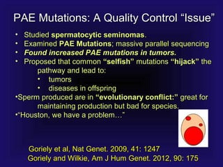 PAE Mutations: A Quality ControlPAE Mutations: A Quality Control “Issue”“Issue”
Goriely and Wilkie, Am J Hum Genet. 2012, 90: 175Goriely and Wilkie, Am J Hum Genet. 2012, 90: 175
Goriely et al, Nat Genet. 2009, 41: 1247Goriely et al, Nat Genet. 2009, 41: 1247
• StudiedStudied spermatocytic seminomasspermatocytic seminomas..
• ExaminedExamined PAE MutationsPAE Mutations; massive parallel sequencing; massive parallel sequencing
• Found increased PAE mutations in tumors.Found increased PAE mutations in tumors.
• Proposed that commonProposed that common “selfish”“selfish” mutationsmutations “hijack”“hijack” thethe
pathway and lead to:pathway and lead to:
• tumorstumors
• diseases in offspringdiseases in offspring
•Sperm produced are inSperm produced are in “evolutionary conflict:”“evolutionary conflict:” great forgreat for
maintaining production but bad for species.maintaining production but bad for species.
•““Houston, we have a problem…”Houston, we have a problem…”
 