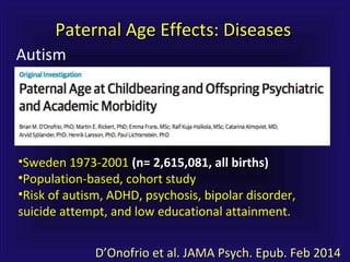 Paternal Age Effects: DiseasesPaternal Age Effects: Diseases
Autism
DD’’Onofrio et al. JAMA Psych. Epub. Feb 2014Onofrio et al. JAMA Psych. Epub. Feb 2014
•Sweden 1973-2001Sweden 1973-2001 (n= 2,615,081, all births)(n= 2,615,081, all births)
•Population-based, cohort studyPopulation-based, cohort study
•RiskRisk of autism, ADHD, psychosis, bipolar disorder,
suicide attempt, and low educational attainment.
 