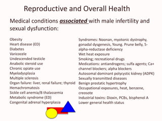 Reproductive and Overall Health
Medical conditions associated with male infertility and
sexual dysfunction:
Obesity
Heart disease (ED)
Diabetes
Varicocele
Undescended testicle
Anabolic steroid use
Chronic opiate use
Myelodysplasia
Multiple sclerosis
Organ failure: liver, renal failure; thyroid
Hemachromatosis
Sickle cell anemia/B thalassemia
Metabolic syndrome (ED)
Congenital adrenal hyperplasia
Syndromes: Noonan, myotonic dystrophy,
gonadal dysgenesis, Young. Prune belly, 5-
alpha-reductase deficiency
Wet heat exposure
Smoking; recreational drugs
Medications: antiandrogens; sulfa agents; Ca+
channel blockers; alpha blockers
Autosomal dominant polycystic kidney (ADPK)
Sexually transmitted diseases
Benign prostatic hypertrophy
Occupational exposures, heat, benzene,
creosote
Industrial toxins: Dioxin, PCBs, bisphenol A
Lower general health status
 