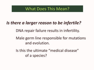 What Does This Mean?
Is there a larger reason to be infertile?
DNA repair failure results in infertility.
Male germ line responsible for mutations
and evolution.
Is this the ultimate “medical disease”
of a species?
 