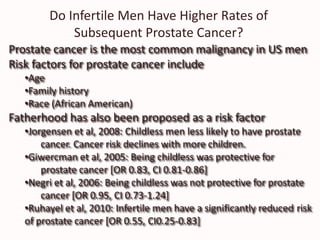 Do Infertile Men Have Higher Rates of
Subsequent Prostate Cancer?
Prostate cancer is the most common malignancy in US men
Risk factors for prostate cancer include
•Age
•Family history
•Race (African American)
Fatherhood has also been proposed as a risk factor
•Jorgensen et al, 2008: Childless men less likely to have prostate
cancer. Cancer risk declines with more children.
•Giwercman et al, 2005: Being childless was protective for
prostate cancer [OR 0.83, CI 0.81-0.86]
•Negri et al, 2006: Being childless was not protective for prostate
cancer [OR 0.95, CI 0.73-1.24]
•Ruhayel et al, 2010: Infertile men have a significantly reduced risk
of prostate cancer [OR 0.55, CI0.25-0.83]
 