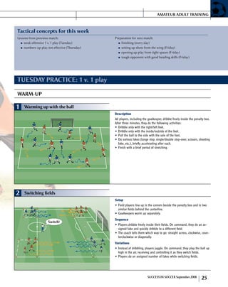 TUESDAY PRACTICE: 1 v. 1 play
1 Warming up with the ball
Description
All players, including the goalkeeper, dribble freely inside the penalty box.
After three minutes, they do the following activities:
Dribble only with the right/left foot.•	
Dribble only with the inside/outside of the foot.•	
Pull the ball to the side with the sole of the foot.•	
Do various fakes (lunge step, single/double step-over, scissors, shooting•	
fake, etc.), briefly accelerating after each.
Finish with a brief period of stretching.•	
2 Switching fields
Switch!
Setup
Field players line up in the corners beside the penalty box and in two•	
similar fields behind the centerline.
Goalkeepers warm up separately.•	
Sequence
Players dribble freely inside their fields. On command, they do an as-•	
signed fake and quickly dribble to a different field.
The coach tells them which way to go: straight across, clockwise, coun-•	
terclockwise or diagonally.
Variations
Instead of dribbling, players juggle. On command, they play the ball up•	
high in the air, receiving and controlling it as they switch fields.
Players do an assigned number of fakes while switching fields.•	
Preparation for next match:
finishing (every day)
setting up shots from the wing (Friday)
opening up play from tight spaces (Friday)
tough opponent with good heading skills (Friday)
Lessons from previous match:
weak offensive 1 v. 1 play (Tuesday)
numbers-up play not effective (Thursday)
Tactical concepts for this week
WARM-UP
AMATEUR ADULT training
SUC­CESS IN SOC­CER September 2008 25
 