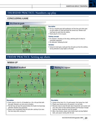 THURSDAY PRACTICE: Numbers-up play
CONCLUDING GAME
FRIDAY PRACTICE: Setting up shots
warm-up
8 v. 8 on six goals
Description
Set up a standard goal with goalkeeper and two two-yard-wide goals•	
on each endline of a field two-thirds the normal size. Position each
small goal six yards from the sideline.
Teams play 8 v. 8 on six goals.•	
Training concepts
For attackers: attacking on the wings, switching point of attack to•	
outnumber opponents
For defenders: following the ball•	
Variation
Instead of small goals, mark goal lines 18 yards out from the endlines,•	
forcing defenders to play higher on the field.
1 Handball/headball
Description
Teams play 8 v. 8 (or 9 v. 9) handball on a 30 x 40-yard field with•	
two goals. Attackers can only score on headers.
The ball may not touch the ground before the header (no bouncing);•	
otherwise attackers lose possession.
Players must immediately throw the ball after catching it (no more•	
than two steps while carrying it).
2 Passing in a square
15 y
Description
Groups of four form 15 x 15-yard squares. Each group has a ball.•	
Players pass directly and on the ground, in no set order.•	
Receivers move to meet the ball, take it toward the next receiver and•	
pass, then return to their starting positions (seeThursday’s triangle
exercise). Passes should be crisp and straight.
After a few minutes, players move farther apart and play flighted•	
balls, each passer running after the ball.
AMATEUR ADULT training
SUC­CESS IN SOC­CER September 2008 29
 