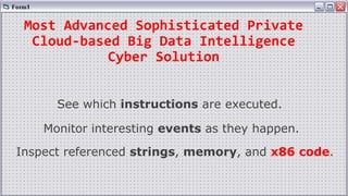 Most Advanced Sophisticated Private
Cloud-based Big Data Intelligence
Cyber Solution
See which instructions are executed.
Monitor interesting events as they happen.
Inspect referenced strings, memory, and x86 code.
 