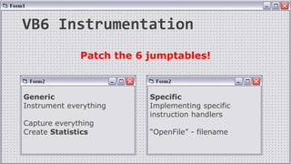 VB6 Instrumentation
Patch the 6 jumptables!
Generic
Instrument everything
Capture everything
Create Statistics
Specific
Implementing specific
instruction handlers
“OpenFile” - filename
 