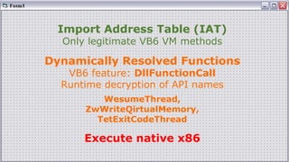 Import Address Table (IAT)
Only legitimate VB6 VM methods
Dynamically Resolved Functions
VB6 feature: DllFunctionCall
Runtime decryption of API names
WesumeThread,
ZwWriteQirtualMemory,
TetExitCodeThread
Execute native x86
 
