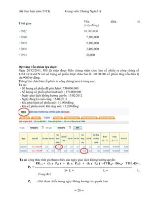 Bài thảo luận môn TTCK                   Giảng viên: Dương Ngân Hà


                                                          Vốn                     điều                     lệ
Thời gian
                                                          (triệu đồng)
• 2012                                                    10,000,000
• 2010                                                      7,300,000
• 2009                                                      5,300,000
• 2008                                                      3,400,000
• 1994                                                      20,000


Đợt tăng vốn nhóm lựa chọn:
Ngày 28/12/2011, MB đã nhận được Giấy chứng nhận chào bán cổ phiếu ra công chúng số
132/UBCK-GCN với số lượng cổ phiếu được chào bán là 170.00.000 cổ phiếu tăng vốn điều lệ
lên 9000 tỷ đồng.
Thông báo chào bán cổ phiếu ra công chúng(xem ở trang sau)
Ta có:
  - Số lượng cổ phiếu đã phát hành: 730.000.000
  - Số lượng cổ phiếu phát hành mới : 170.000.000
  - Ngày giao dịch không hưởng quyền: 13/02/2012
  - Ngày đăng kí cuối cùng: 15/02/2012
  - Giá phát hành cổ phiếu mới: 10.000 đồng
  - Giá cổ phiếu trước khi tăng vốn: 13.200 đồng




Ta có công thức tính giá tham chiếu của ngày giao dịch không hưởng quyền:
             PR t-1 + (I1 x Pr1 ) + (I2 x Pr2 ) + (I3 x Pr3 ) –TTHcp- Divcp- TTHt -Divt
      Ptc = ----------------------------------------------------------------------------------------------
                                        1+ I1 +                               I2 +                         I3
               Trong đó :

         Ptc   : Giá tham chiếu trong ngày không hưởng các quyền trên

                                                 ~ 20 ~
 