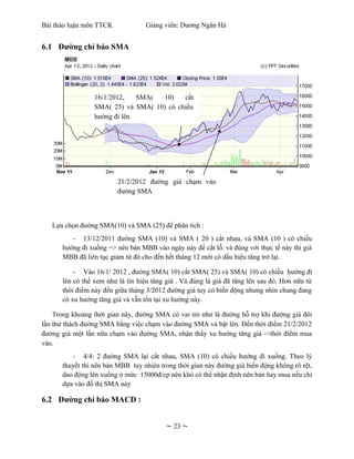 Bài thảo luận môn TTCK             Giảng viên: Dương Ngân Hà


6.1 Đường chỉ báo SMA




                 16/1/2012,   SMA(  10)    cắt
                 SMA( 25) và SMA( 10) có chiều
                 hướng đi lên




                         21/2/2012 đường giá chạm vào
                         đường SMA



   Lựa chọn đường SMA(10) và SMA (25) để phân tích :
         - 13/12/2011 đường SMA (10) và SMA ( 20 ) cắt nhau, và SMA (10 ) có chiều
      hướng đi xuống => nên bán MBB vào ngày này để cắt lỗ. và đúng với thực tế này thì giá
      MBB đã liên tục giảm từ đó cho đến hết tháng 12 mới có dấu hiệu tăng trở lại.

          - Vào 16/1/ 2012 , đường SMA( 10) cắt SMA( 25) và SMA( 10) có chiều hướng đi
      lên có thể xem như là tín hiệu tăng giá . Và đúng là giá đã tăng lên sau đó. Hơn nữa từ
      thời điểm này đến giữa tháng 3/2012 đường giá tuy có biến động nhưng nhìn chung đang
      có xu hướng tăng giá và vẫn tồn tại xu hướng này.

    Trong khoảng thời gian này, đường SMA có vai trò như là đường hỗ trợ khi đường giá đôi
lần thử thách đường SMA bằng việc chạm vào đường SMA và bật lên. Đến thời điểm 21/2/2012
đường giá một lần nữa chạm vào đường SMA, nhận thấy xu hướng tăng giá ->thời điểm mua
vào.
         - 4/4: 2 đường SMA lại cắt nhau, SMA (10) có chiều hướng đi xuống. Theo lý
      thuyết thì nên bán MBB tuy nhiên trong thời gian này đường giá biến động không rõ rệt,
      dao động lên xuống ở mức 15000đ/cp nên khó có thể nhận định nên bán hay mua nếu chỉ
      dựa vào đồ thị SMA này

6.2 Đường chỉ báo MACD :


                                          ~ 23 ~
 