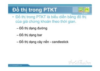 www.themegallery.com
ð th trong PTKT
• ð th trong PTKT là bi u di n b ng ñ th
c a giá ch ng khoán theo th i gian.
– ð th d ng ñư ng
– ð th d ng bar
– ð th d ng cây n n - candlestick
3/1/2010
 