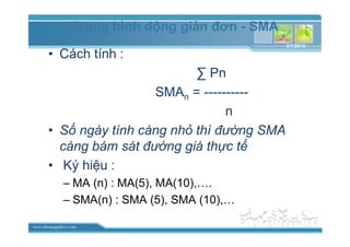 www.themegallery.com
• Cách tính :
∑ Pn
SMAn = ----------
n
• S ngày tính càng nh thì ñư ng SMA
càng bám sát ñư ng giá th c t
• Ký hi u :
– MA (n) : MA(5), MA(10),….
– SMA(n) : SMA (5), SMA (10),…
Trung bình ñ ng gi n ñơn - SMA
3/1/2010
 