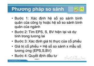 www.themegallery.com
Phương pháp so sánh
• Bư c 1: Xác ñ nh h s so sánh bình
quân c a công ty ho c h s so sánh bình
quân c a ngành
• Bư c 2: Tìm EPS, S, BV hi n t i và d
tính trong tương lai
• Bư c 3: Xác ñ nh giá tr th c c a c phi u
• Giá tr c phi u = H s so sánh x m u s
tương ng (EPS,S,BV)
• Bư c 4: Quy t ñ nh ñ u tư
15/8/2011
 