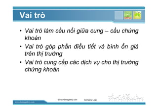 www.themegallery.com
Vai trò
• Vai trò làm c u n i gi a cung – c u ch ng
khoán
• Vai trò góp ph n ñi u ti t và bình n giá
trên th trư ng
• Vai trò cung c p các d ch v cho th trư ng
ch ng khoán
www.themegallery.com Company Logo
 