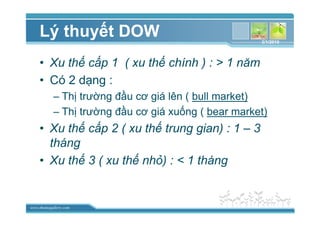 www.themegallery.com
Lý thuy t DOW
• Xu th c p 1 ( xu th chính ) : > 1 năm
• Có 2 d ng :
– Th trư ng ñ u cơ giá lên ( bull market)
– Th trư ng ñ u cơ giá xu ng ( bear market)
• Xu th c p 2 ( xu th trung gian) : 1 – 3
tháng
• Xu th 3 ( xu th nh ) : < 1 tháng
3/1/2010
 