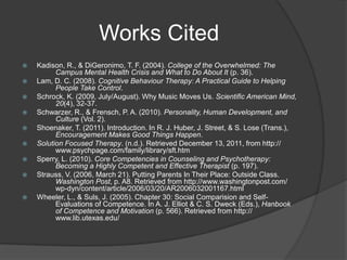 Works Cited
   Kadison, R., & DiGeronimo, T. F. (2004). College of the Overwhelmed: The
          Campus Mental Health Crisis and What to Do About It (p. 36).
   Lam, D. C. (2008). Cognitive Behaviour Therapy: A Practical Guide to Helping
          People Take Control.
   Schrock, K. (2009, July/August). Why Music Moves Us. Scientific American Mind,
          20(4), 32-37.
   Schwarzer, R., & Frensch, P. A. (2010). Personality, Human Development, and
          Culture (Vol. 2).
   Shoenaker, T. (2011). Introduction. In R. J. Huber, J. Street, & S. Lose (Trans.),
          Encouragement Makes Good Things Happen.
   Solution Focused Therapy. (n.d.). Retrieved December 13, 2011, from http://
          www.psychpage.com/family/library/sft.htm
   Sperry, L. (2010). Core Competencies in Counseling and Psychotherapy:
          Becoming a Highly Competent and Effective Therapist (p. 197).
   Strauss, V. (2006, March 21). Putting Parents In Their Place: Outside Class.
          Washington Post, p. A8. Retrieved from http://www.washingtonpost.com/
          wp-dyn/content/article/2006/03/20/AR2006032001167.html
   Wheeler, L., & Suls, J. (2005). Chapter 30: Social Comparision and Self-
          Evaluations of Competence. In A. J. Elliot & C. S. Dweck (Eds.), Hanbook
          of Competence and Motivation (p. 566). Retrieved from http://
          www.lib.utexas.edu/
 