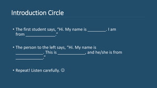 Introduction Circle
• The first student says, “Hi. My name is ________. I am
from _____________.”
• The person to the left says, “Hi. My name is
____________. This is ____________, and he/she is from
____________.”
• Repeat! Listen carefully. 
 