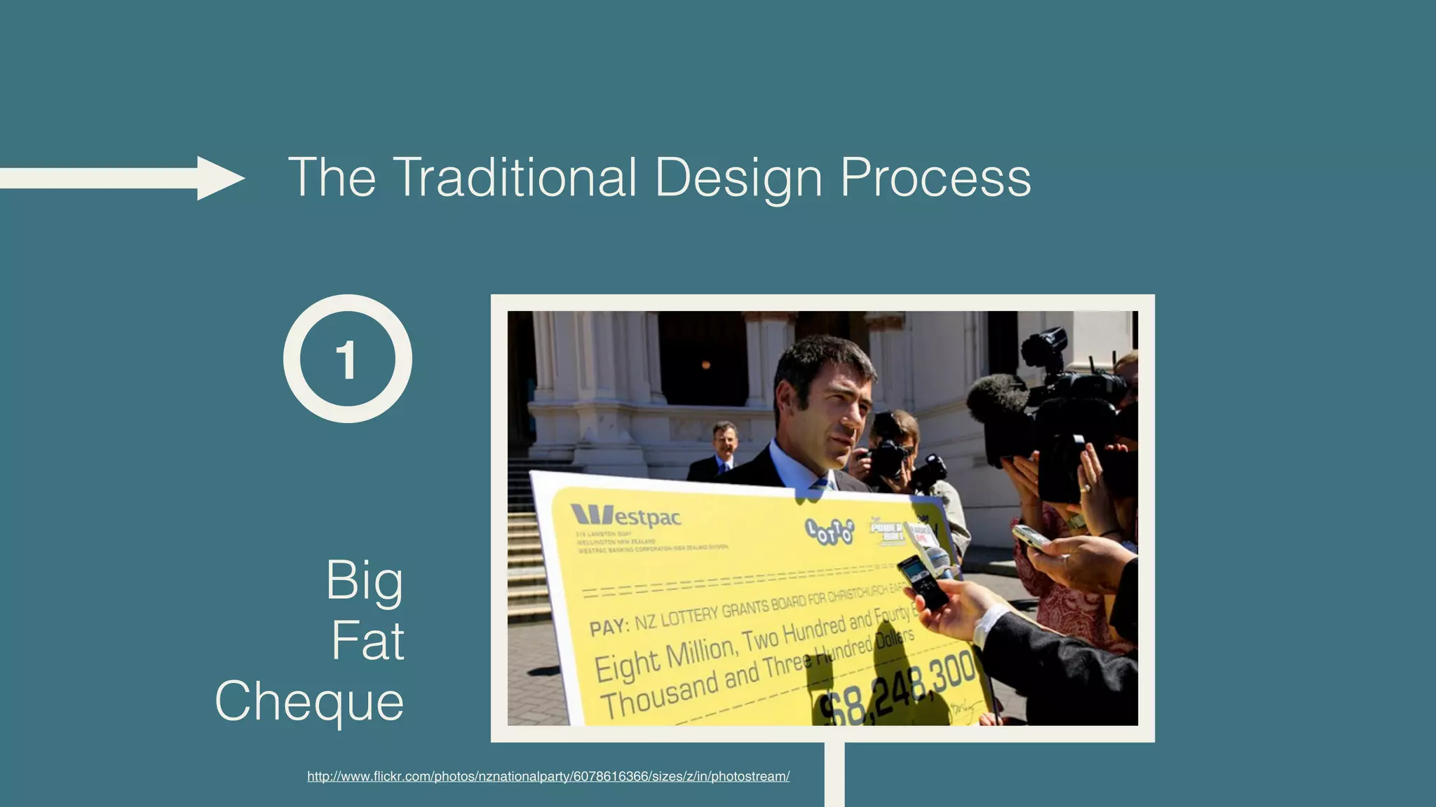 The Traditional Design Process


       1



   Big
    Fat
Cheque
   http://www.flickr.com/photos/nznationalparty/6078616366/sizes/z/in/photostream/
 