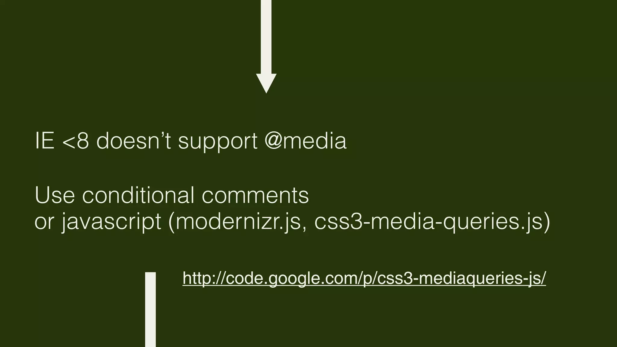 IE <8 doesn’t support @media

Use conditional comments
or javascript (modernizr.js, css3-media-queries.js)

              http://code.google.com/p/css3-mediaqueries-js/
 