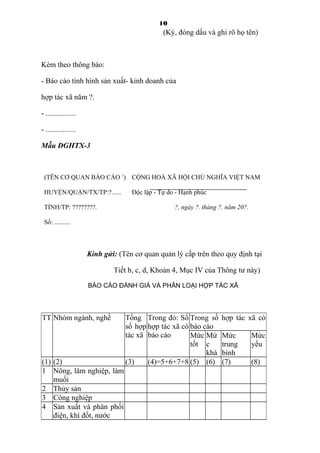 10
(Ký, đóng dấu và ghi rõ họ tên)
Kèm theo thông báo:
- Báo cáo tình hình sản xuất- kinh doanh của
hợp tác xã năm ?.
- ................
- ................
Mẫu ĐGHTX-3
(TÊN CƠ QUAN BÁO CÁO 1
)
HUYỆN/QUẬN/TX/TP:?......
TỈNH/TP: ????????.
Số: ..........
CỘNG HOÀ XÃ HỘI CHỦ NGHĨA VIỆT NAM
Độc lập - Tự do - Hạnh phúc
?, ngày ?. tháng ?. năm 20?.
Kính gửi: (Tên cơ quan quản lý cấp trên theo quy định tại
Tiết b, c, d, Khoản 4, Mục IV của Thông tư này)
BÁO CÁO ĐÁNH GIÁ VÀ PHÂN LOẠI HỢP TÁC XÃ
TT Nhóm ngành, nghề Tổng
số hợp
tác xã
Trong đó: Số
hợp tác xã có
báo cáo
Trong số hợp tác xã có
báo cáo
Mức
tốt
Mứ
c
khá
Mức
trung
bình
Mức
yếu
(1) (2) (3) (4)=5+6+7+8 (5) (6) (7) (8)
1 Nông, lâm nghiệp, làm
muối
2 Thủy sản
3 Công nghiệp
4 Sản xuất và phân phối
điện, khí đốt, nước
 