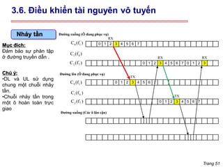 Trang 51
Nhảy tần
1 2 3 4 5 6 7
0
1 2 3 4 5 6 7
0
1 2 3 4 5 6 7
0
0 1 2 3
Đường xuống (Ô đang phục vụ)
0 1
C (f )
,
1 4
C (f )
2 7
C (f )
Đường lên (Ô đang phục vụ)
1 2 3 4 5 6 7
0
,
0 1
C (f )
1 4
C (f )
,
2 7
C (f )
Đường xuống (Các ô lân cận)
RX
TX
RX
TX
RX
Mục đích:
Đảm bảo sự phân tập
ở đường truyền dẫn .
3.6. Điều khiển tài nguyên vô tuyến
Chú ý:
•DL và UL sử dụng
chung một chuỗi nhảy
tần.
•Chuỗi nhảy tần trong
một ô hoàn toàn trực
giao
 
