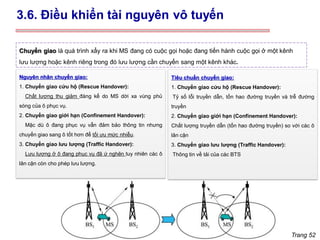 Trang 52
Chuyển giao là quá trình xẩy ra khi MS đang có cuộc gọi hoặc đang tiến hành cuộc gọi ở một kênh
lưu lượng hoặc kênh riêng trong đó lưu lượng cần chuyển sang một kênh khác.
Tiêu chuẩn chuyển giao:
1. Chuyển giao cứu hộ (Rescue Handover):
Tỷ số lỗi truyền dẫn, tổn hao đường truyền và trễ đường
truyền
2. Chuyển giao giới hạn (Confinement Handover):
Chất lượng truyền dẫn (tổn hao đường truyền) so với các ô
lân cận
3. Chuyển giao lưu lượng (Traffic Handover):
Thông tin về tải của các BTS
Nguyên nhân chuyển giao:
1. Chuyển giao cứu hộ (Rescue Handover):
Chất lượng thu giảm đáng kể do MS dời xa vùng phủ
sóng của ô phục vụ.
2. Chuyển giao giới hạn (Confinement Handover):
Mặc dù ô đang phục vụ vẫn đảm bảo thông tin nhưng
chuyển giao sang ô tốt hơn để tối ưu mức nhiễu.
3. Chuyển giao lưu lượng (Traffic Handover):
Lưu lượng ở ô đang phục vụ đã ứ nghẽn tuy nhiên các ô
lân cận còn cho phép lưu lượng.
3.6. Điều khiển tài nguyên vô tuyến
 